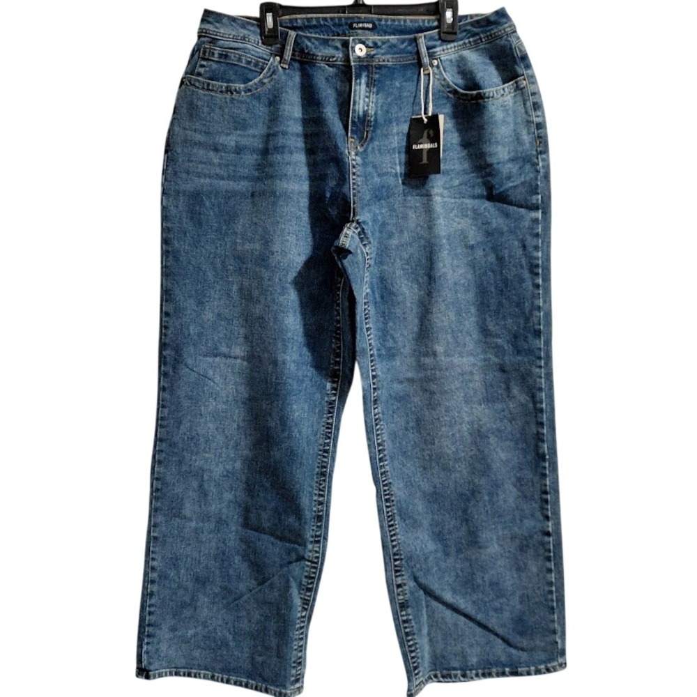 Flamingals Womens Wide Leg Acid Wash Denim Jeans Blue 3XL New With Tags